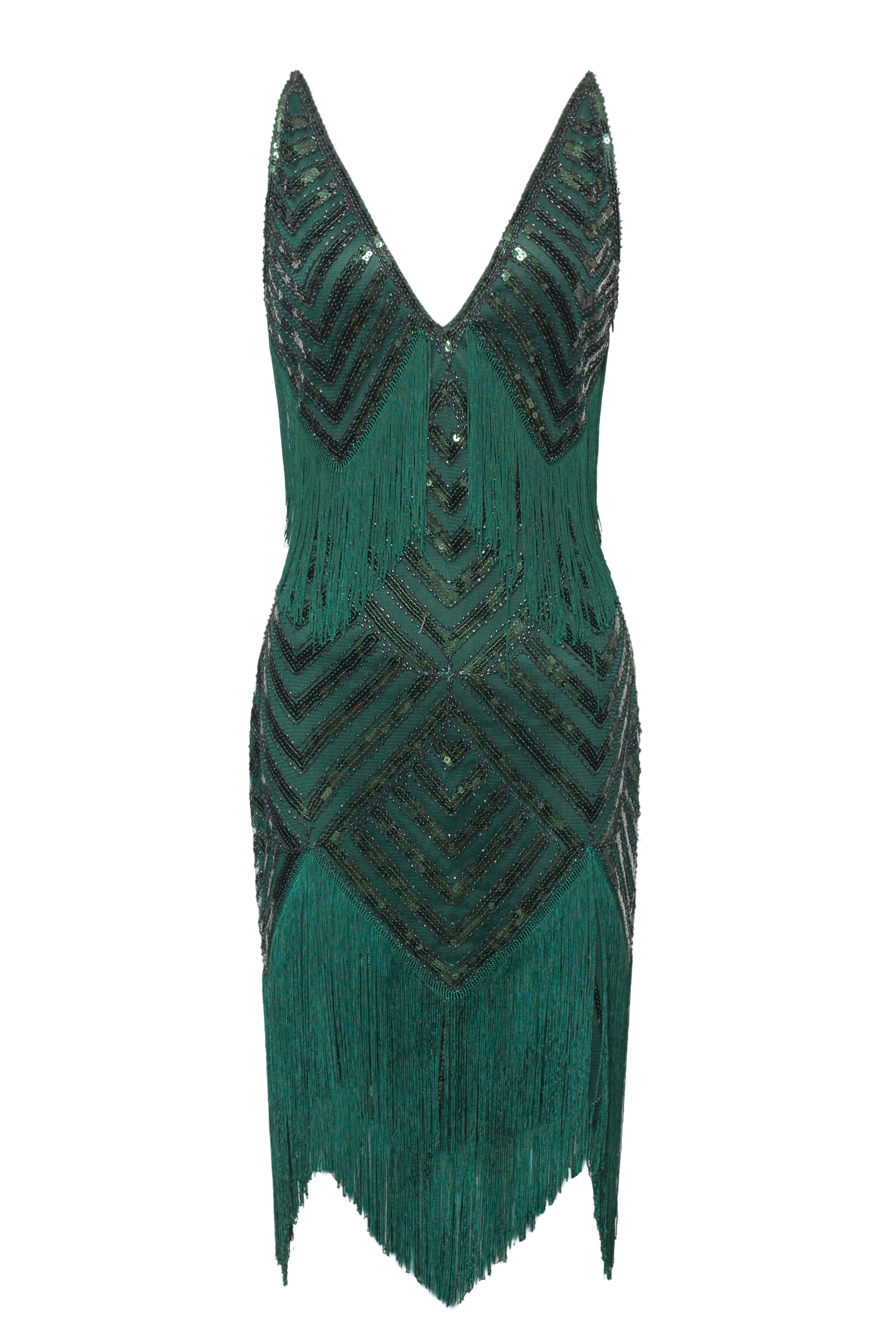 Beaded Sequin V-Neck Mini Slip Dress | Dark Green | 2