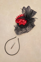 Elegant Floral Feather Pillbox Veil Fascinator | Redblack | 2