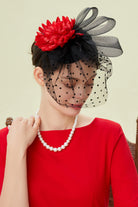 Elegant Floral Feather Pillbox Veil Fascinator | Redblack | 3