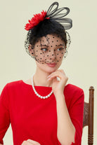 Elegant Floral Feather Pillbox Veil Fascinator | Redblack | 4