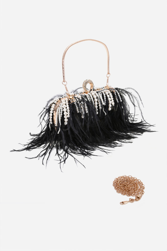 Embellished Ostrich Feather Pearl Tassel Clutch - BABEYOND