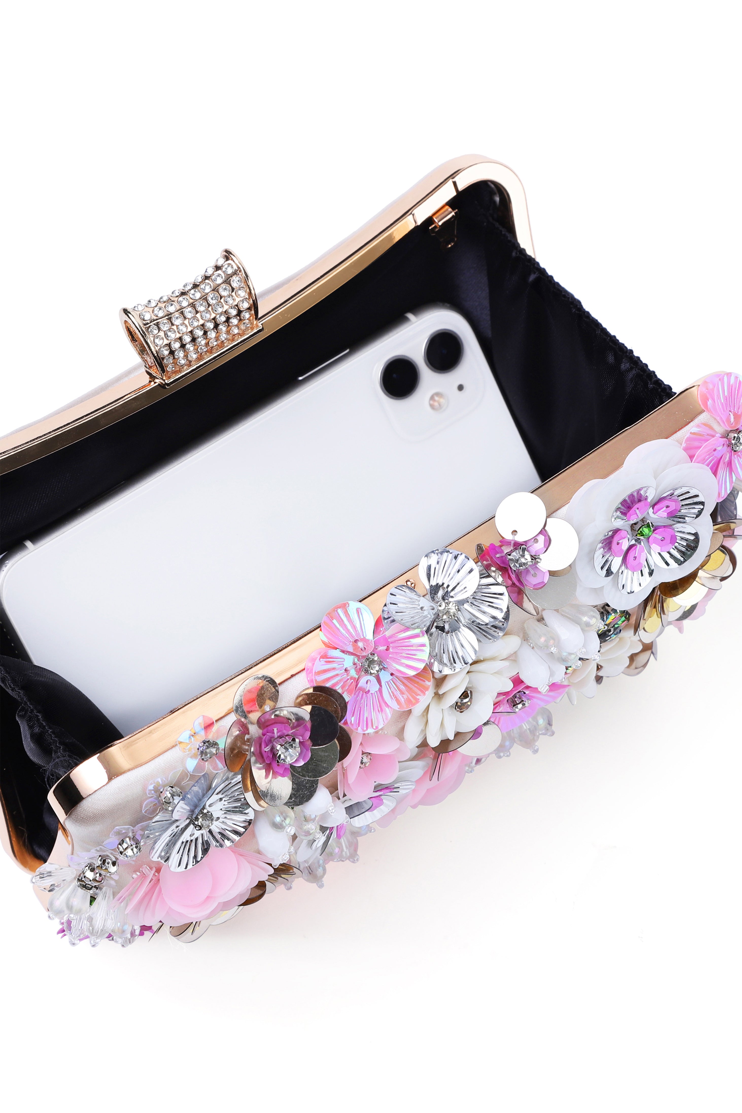 Embellished Rhinestone Sequin Floral Clutch | Champagne | 3