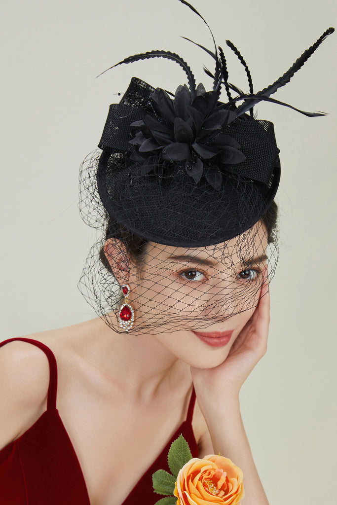 Floral Bow Knot Veil Feather Pillbox Fascinator - BABEYOND