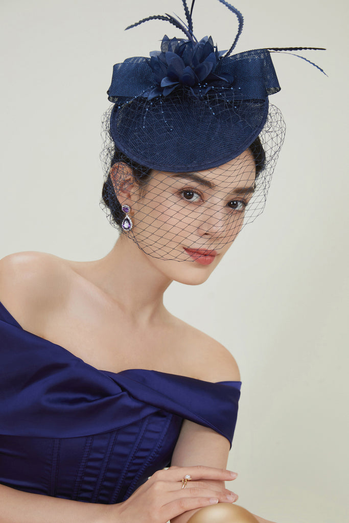 Floral Bow Knot Veil Feather Pillbox Fascinator - BABEYOND