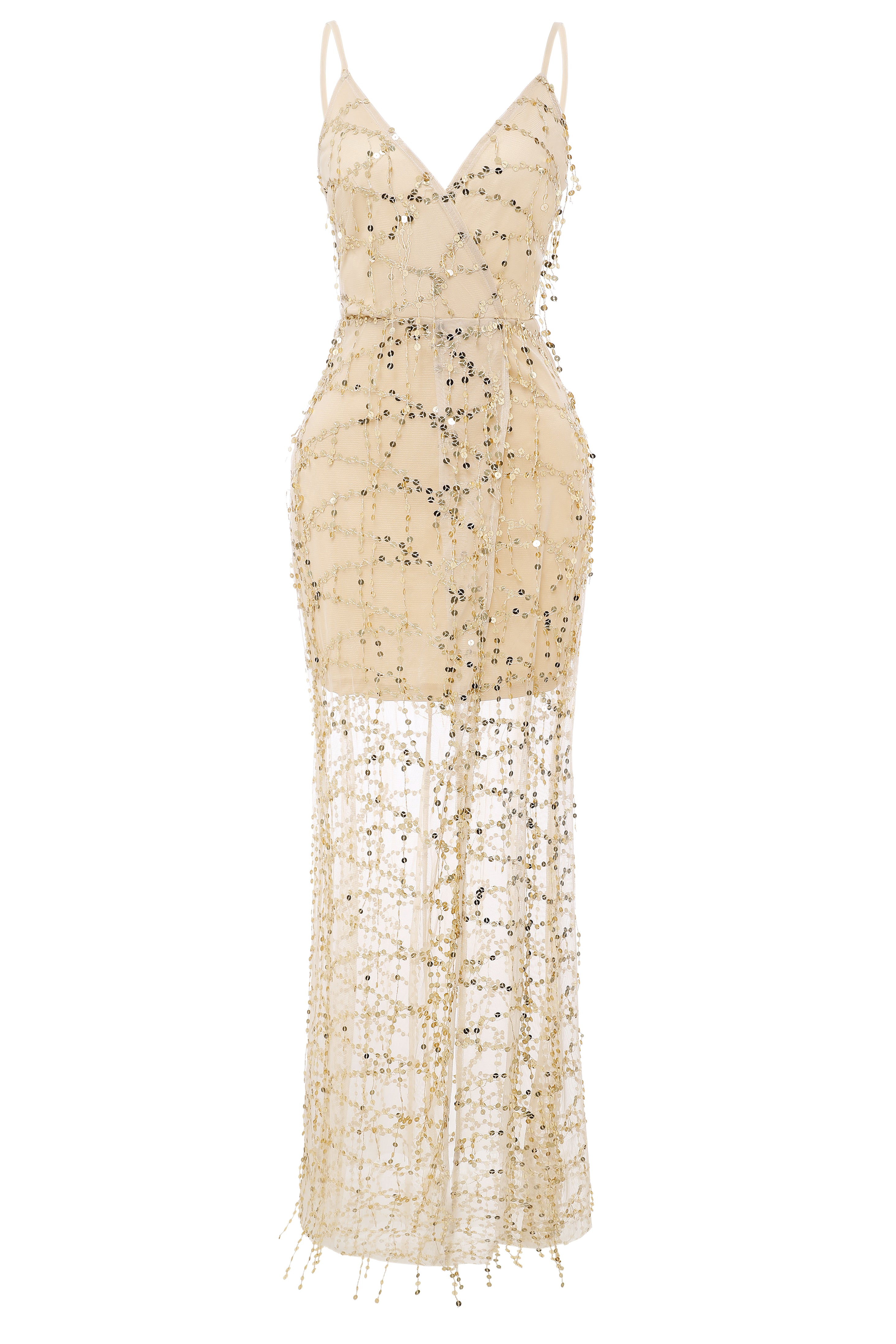 High Slit Glittering Sequin Strappy Dress | Apricot | 4