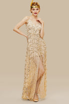 High Slit Glittering Sequin Strappy Dress | Apricot | 1