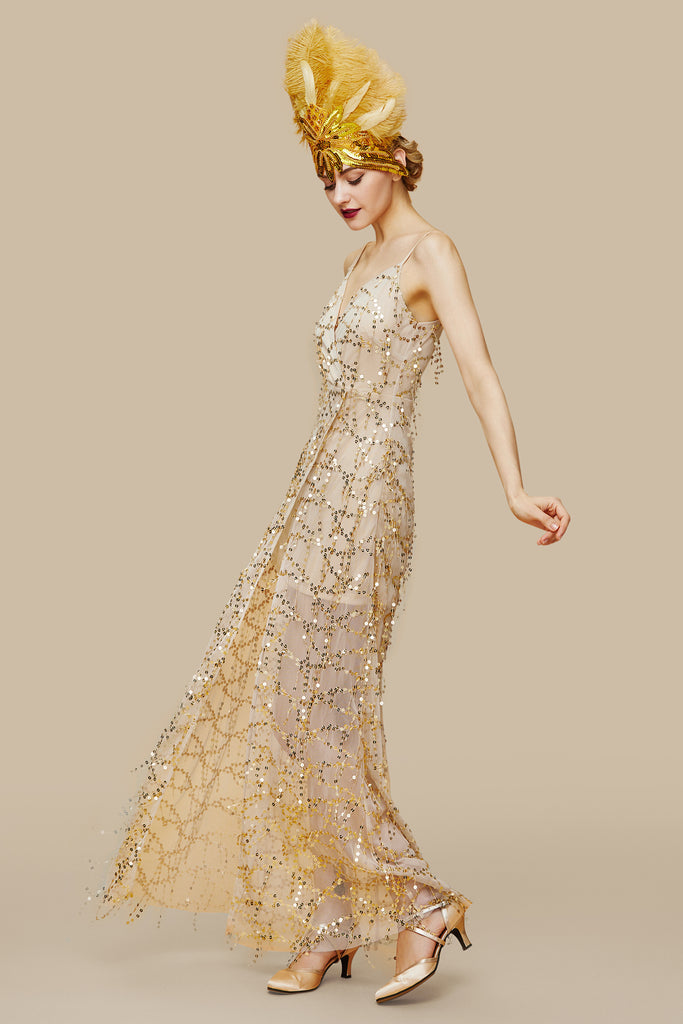 High Slit Glittering Sequin Strappy Dress - BABEYOND