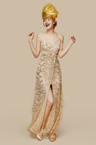 High Slit Glittering Sequin Strappy Dress | Apricot | 2