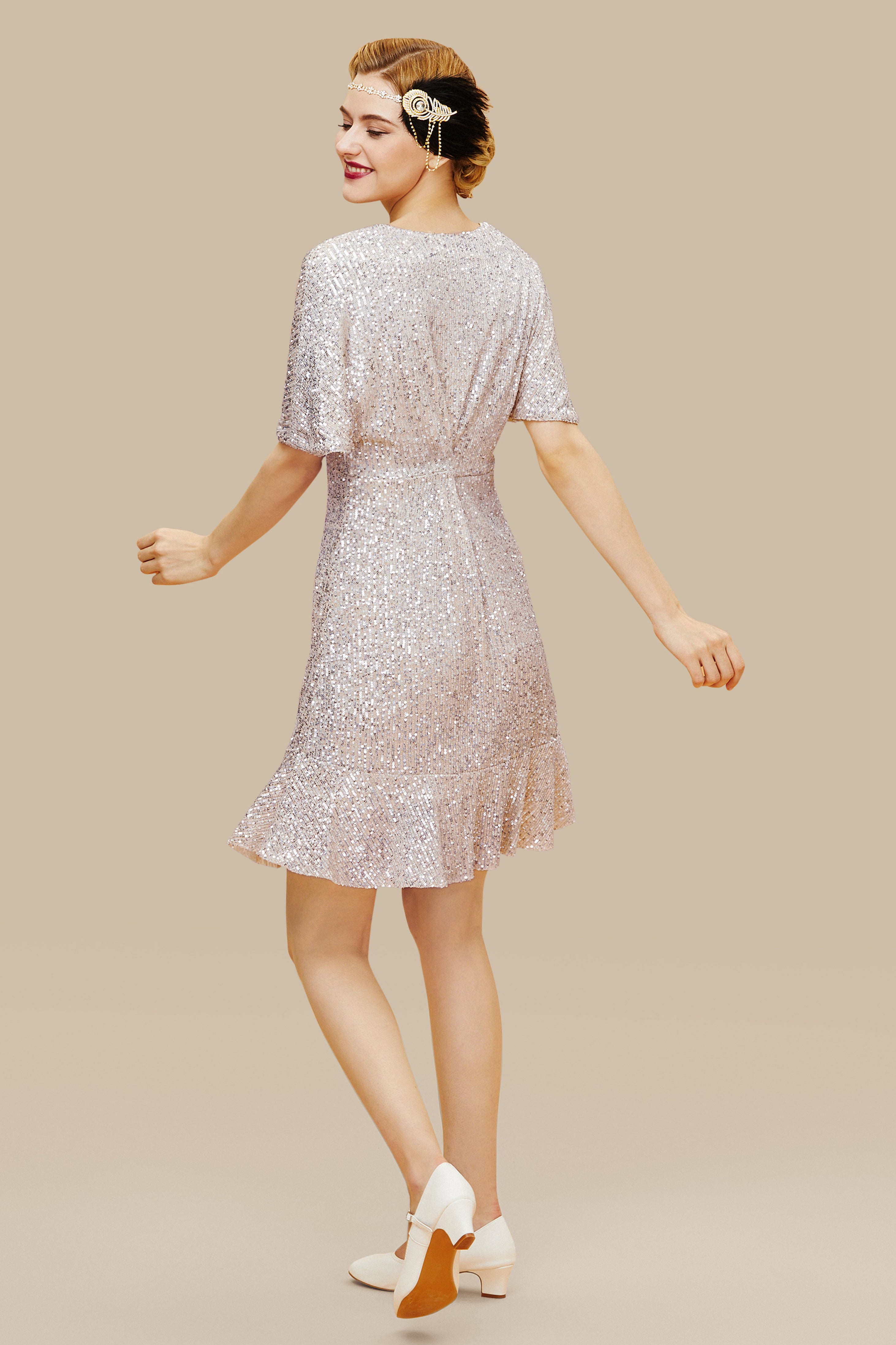 Mermaid Sequin V Neck Bodycon Dress | Apricot | 2