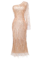 One Shoulder Back Slit Draped Sequin Dress | Apricotgold | 3