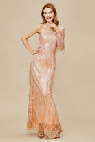 One Shoulder Back Slit Draped Sequin Dress | Apricotgold | 2