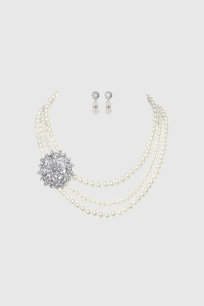 Rhinestone Floral Multi-layer Pearl Necklace Set - BABEYOND