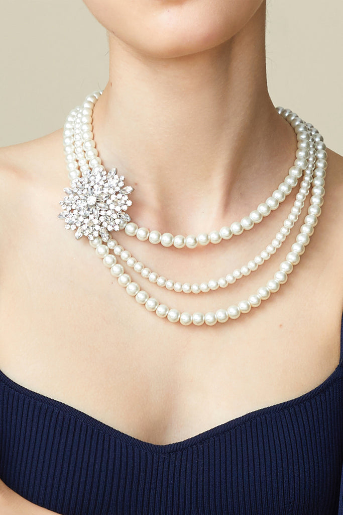 Rhinestone Floral Multi-layer Pearl Necklace Set - BABEYOND