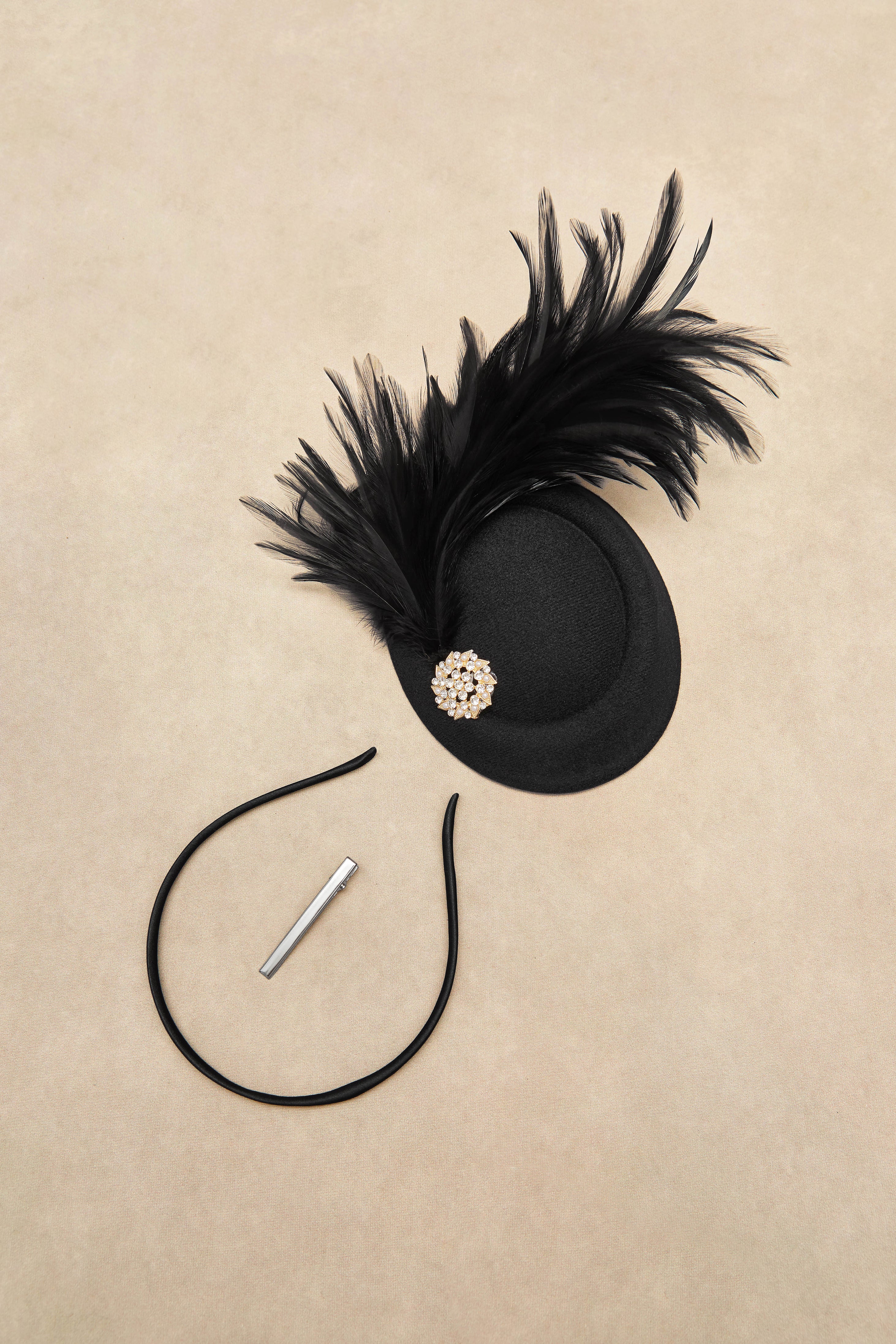 Rhinestone Studded Feather Flapper Fascinator | black | 2