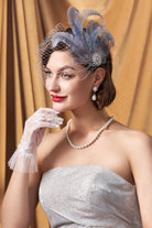 Rhinestone Studded Feather Veil Fascinator | Gray | 2