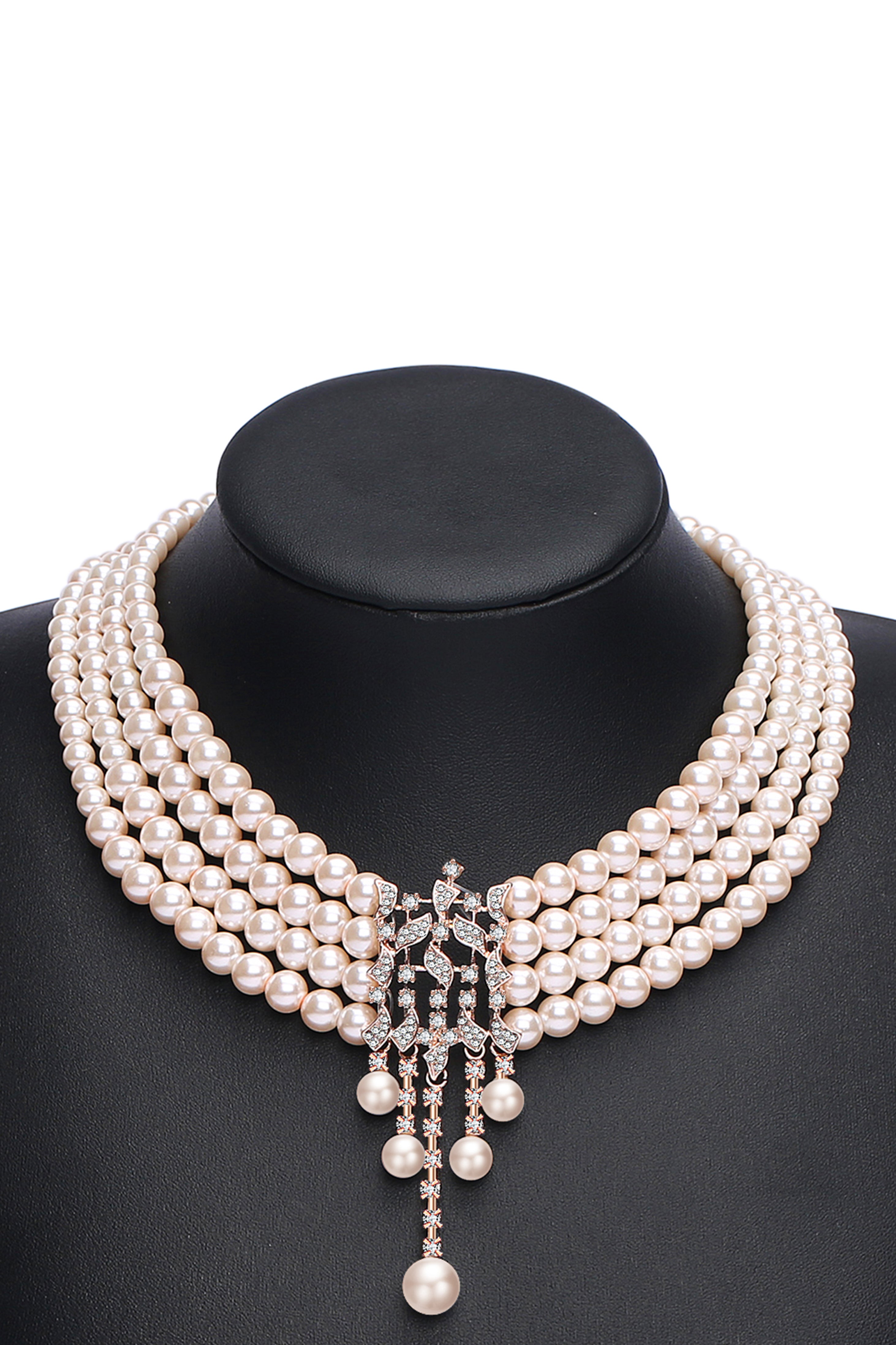 Rhinestone Studded Multi-layer Pearl Necklace | Rosegold | 2