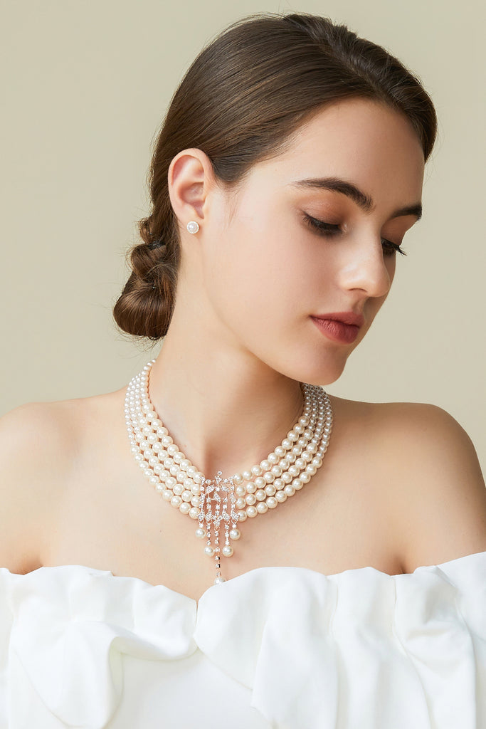Rhinestone Studded Multi-layer Pearl Necklace - BABEYOND