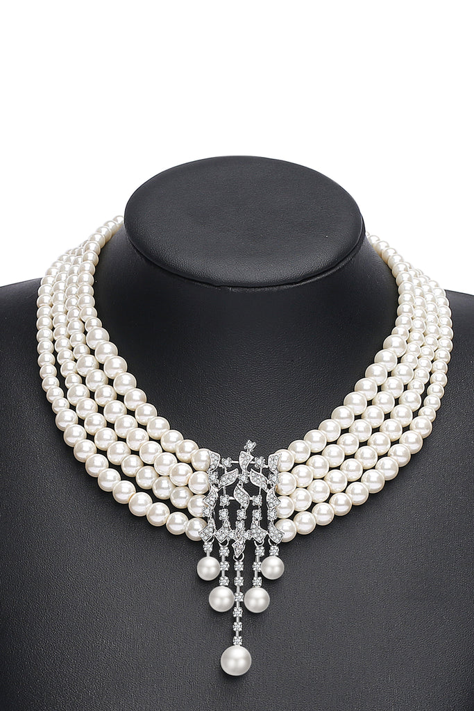 Rhinestone Studded Multi-layer Pearl Necklace - BABEYOND