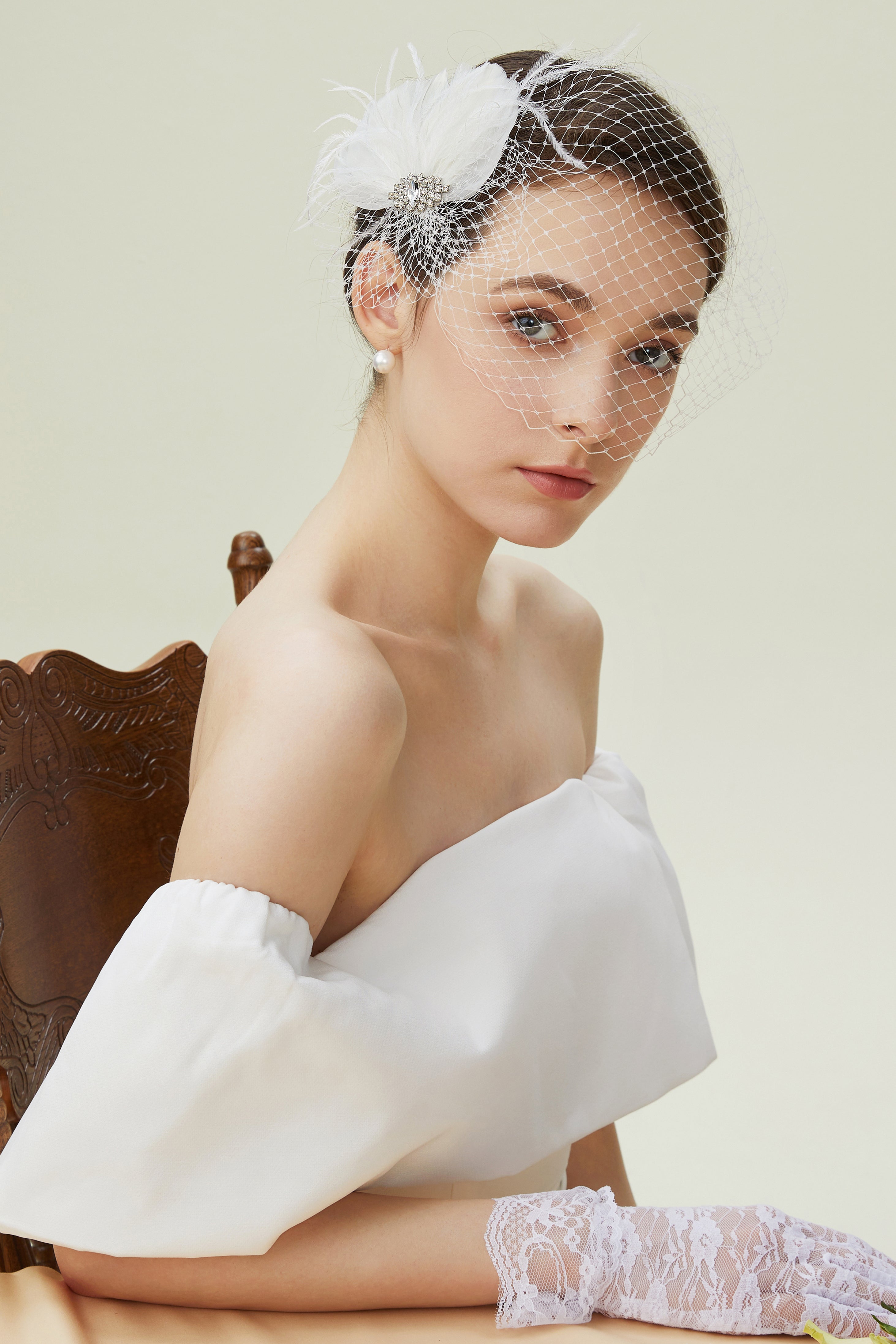 Rhinestone Studded Veil Feather Fascinator | White | 2