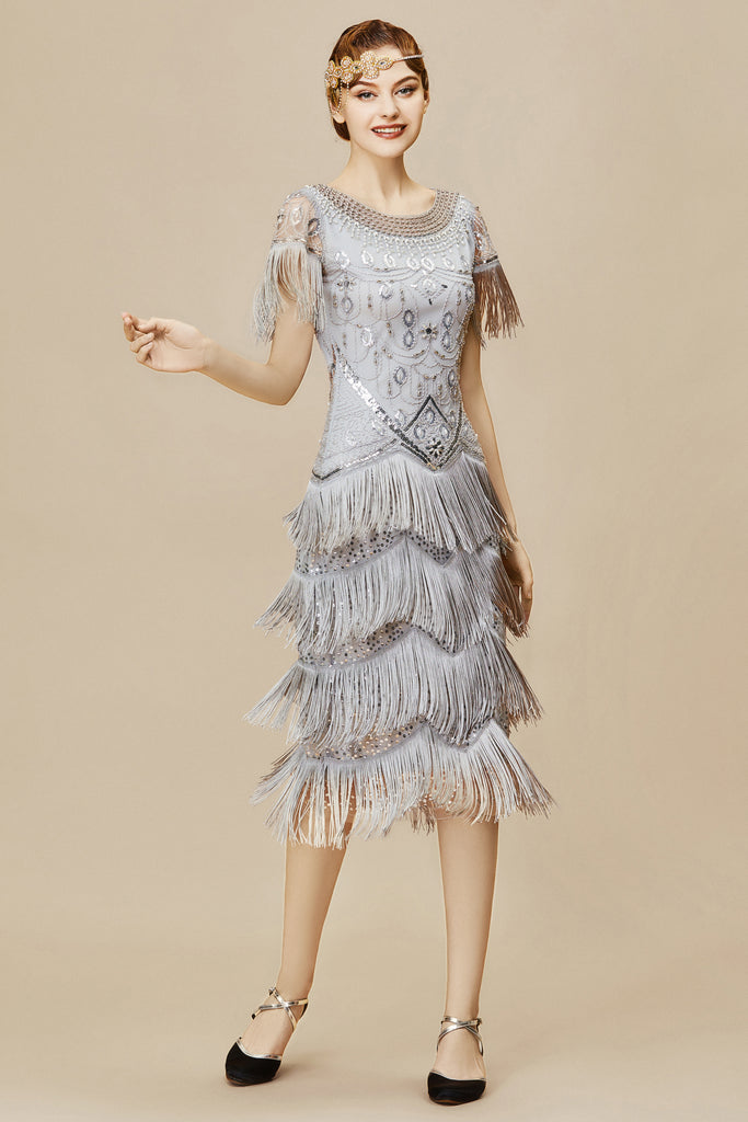 Sheer Sleeves Tiered Fringe Sequin Dress - BABEYOND