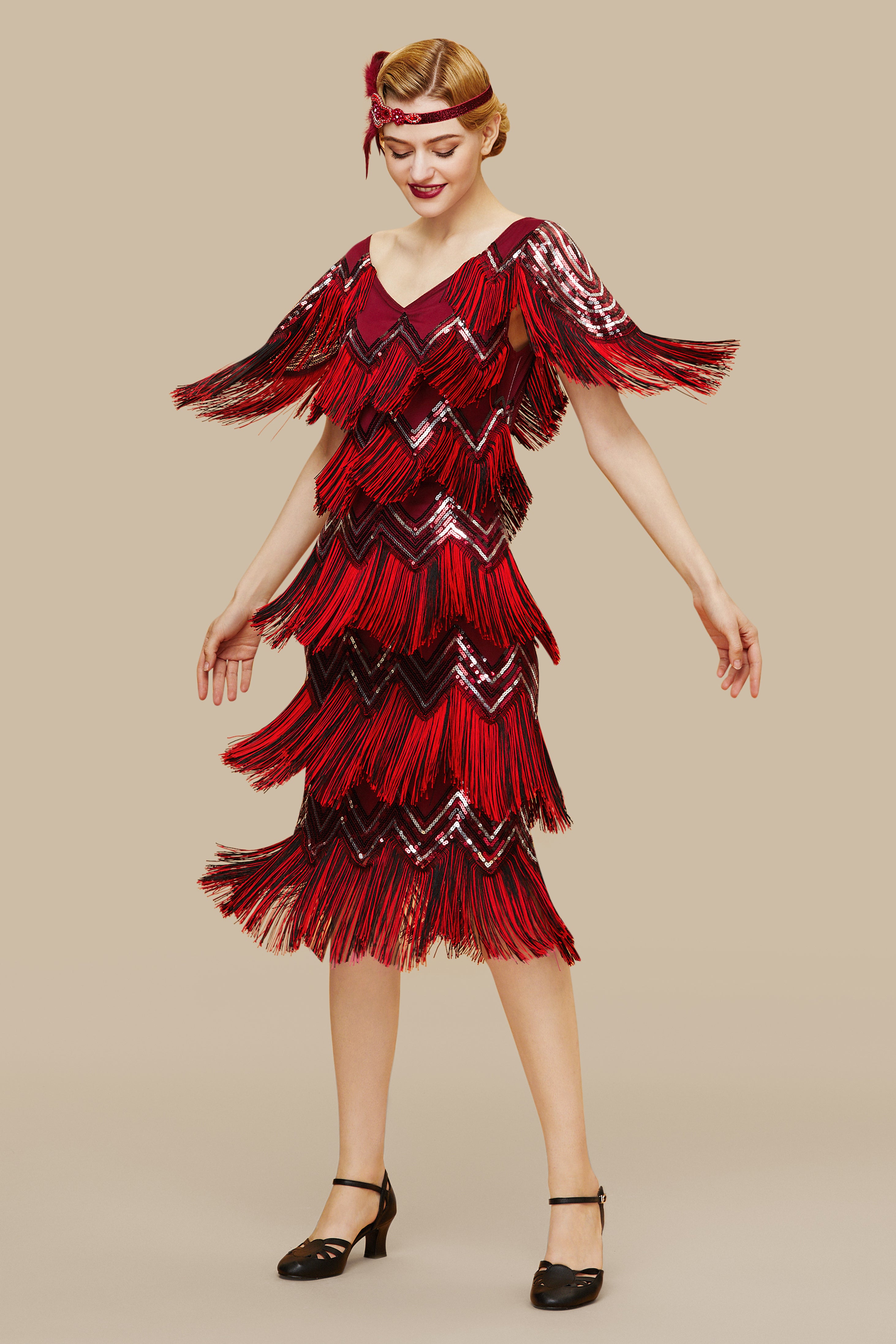 red dress 1920 Wine Sexy Gatsby Glitter Fringe 1920s Flapper Set, Wine Red / 2XL WHY YOU WILL LOVE IT BABEYOND Sequined Multi Tassel Dress