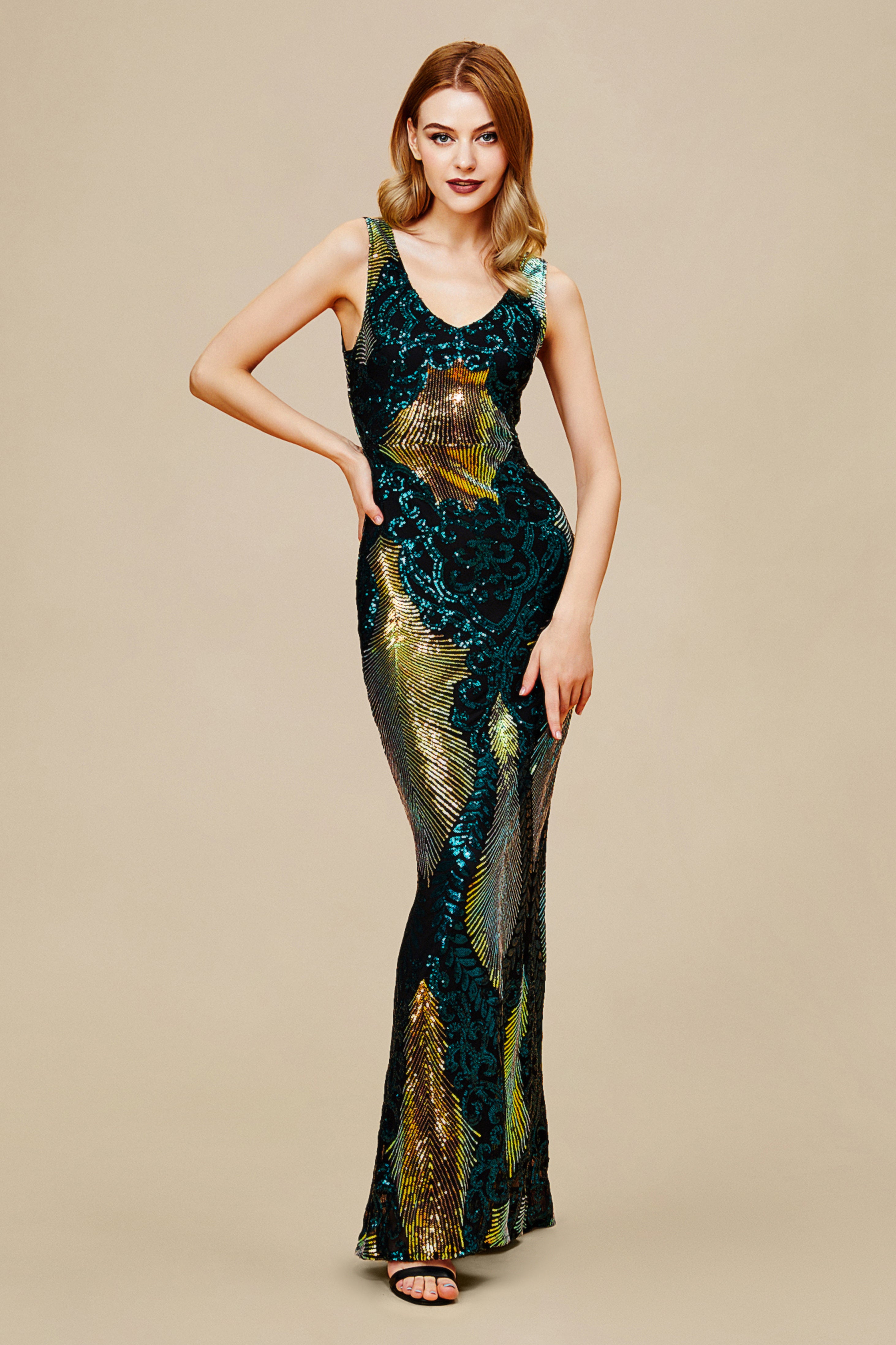 peacock inspired maxi dress