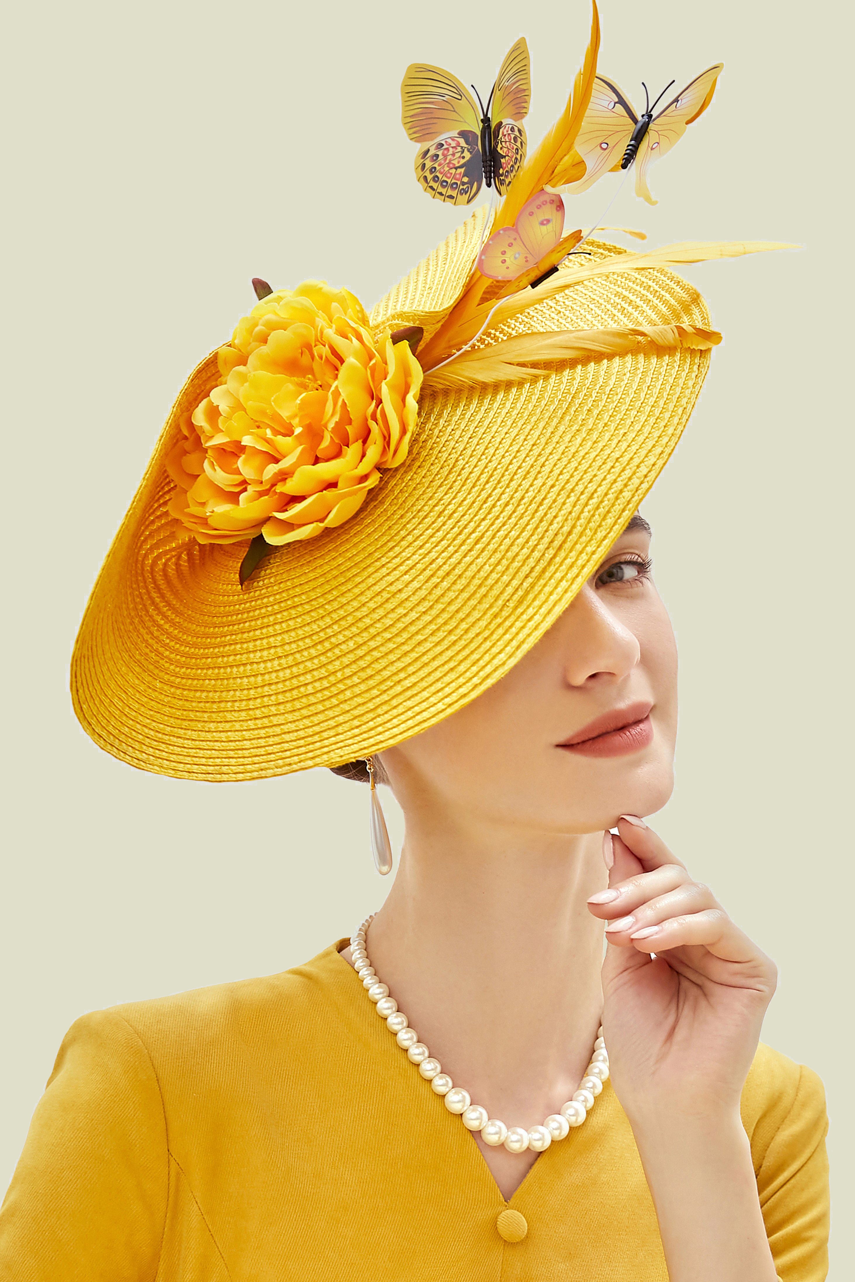 Classic Vintage Wide Brim Fascinator | Yellow | 1