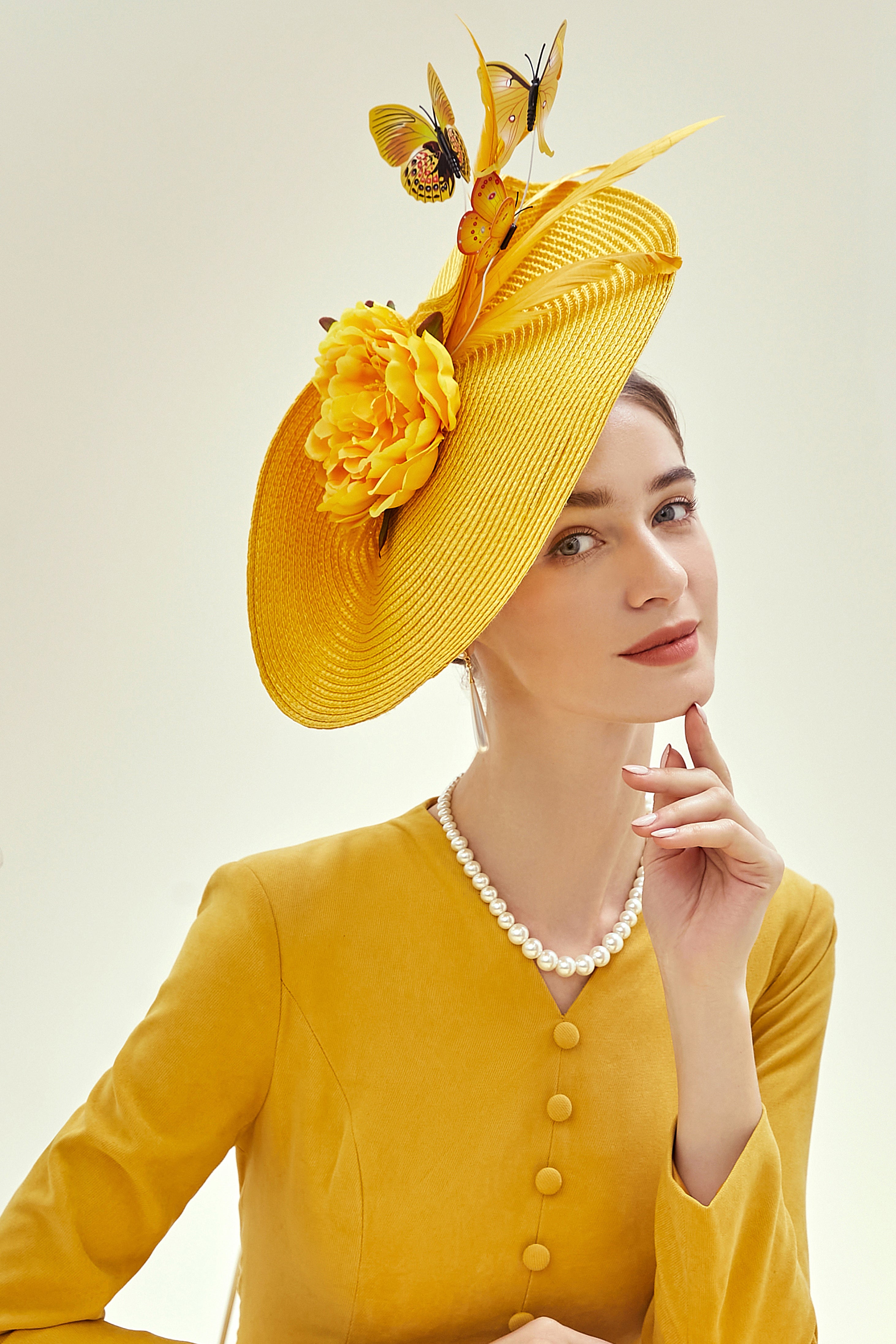 Classic Vintage Wide Brim Fascinator | Yellow | 3