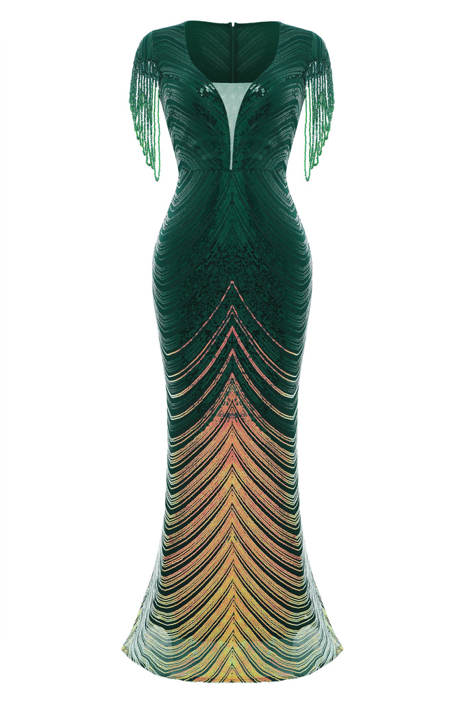 Sheer Scoop Neck Iridescent Sequin Dress - BABEYOND