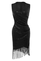 V Neck Tie Sequin Fringe Dress | Black | 1