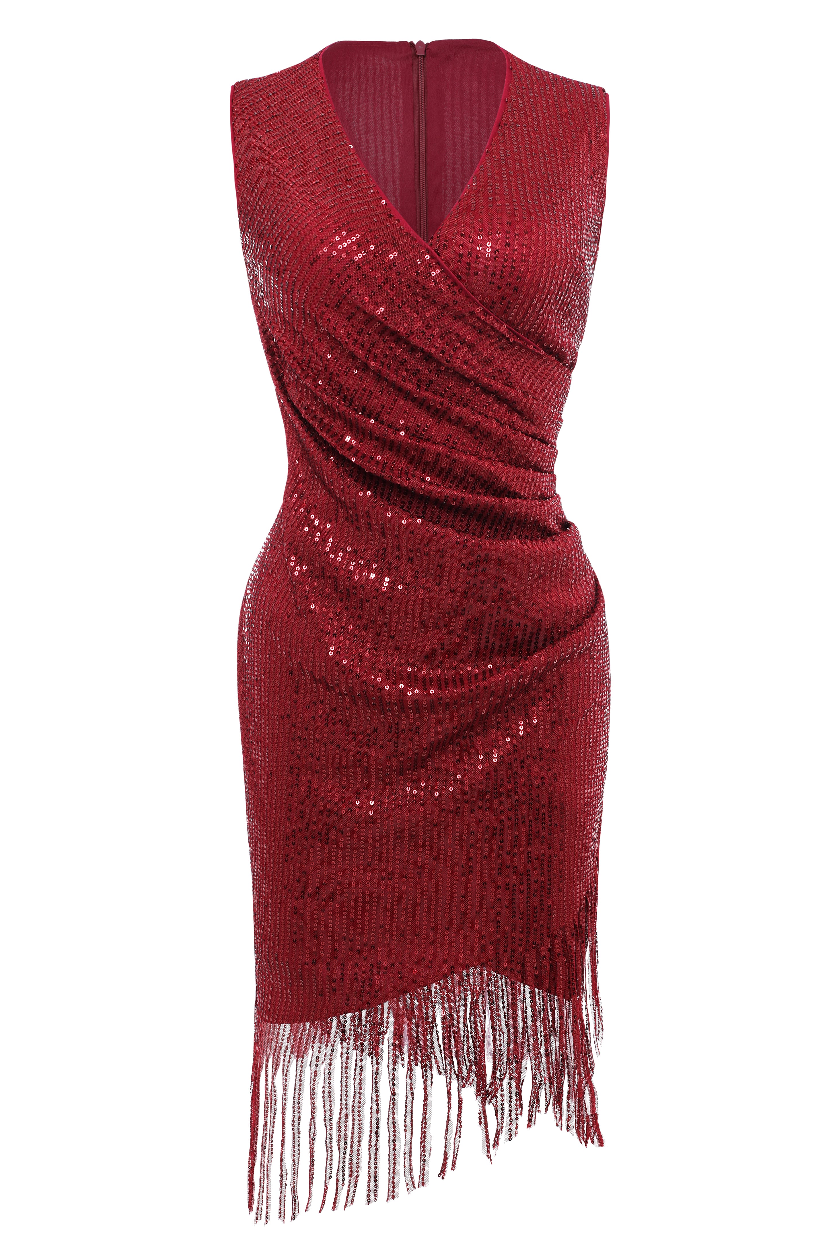 V Neck Tie Sequin Fringe Dress | Red | 3