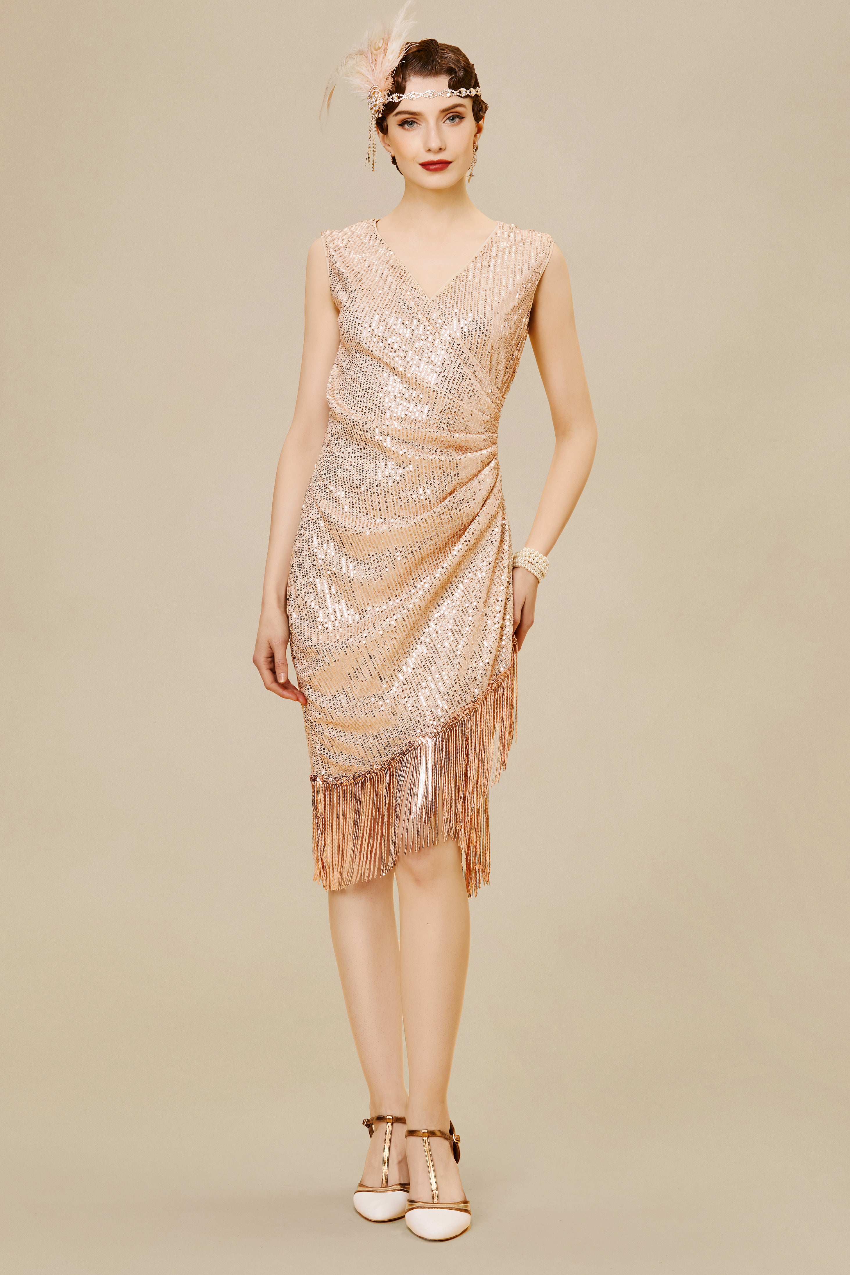 V Neck Tie Sequin Fringe Dress | Rosegold | 2