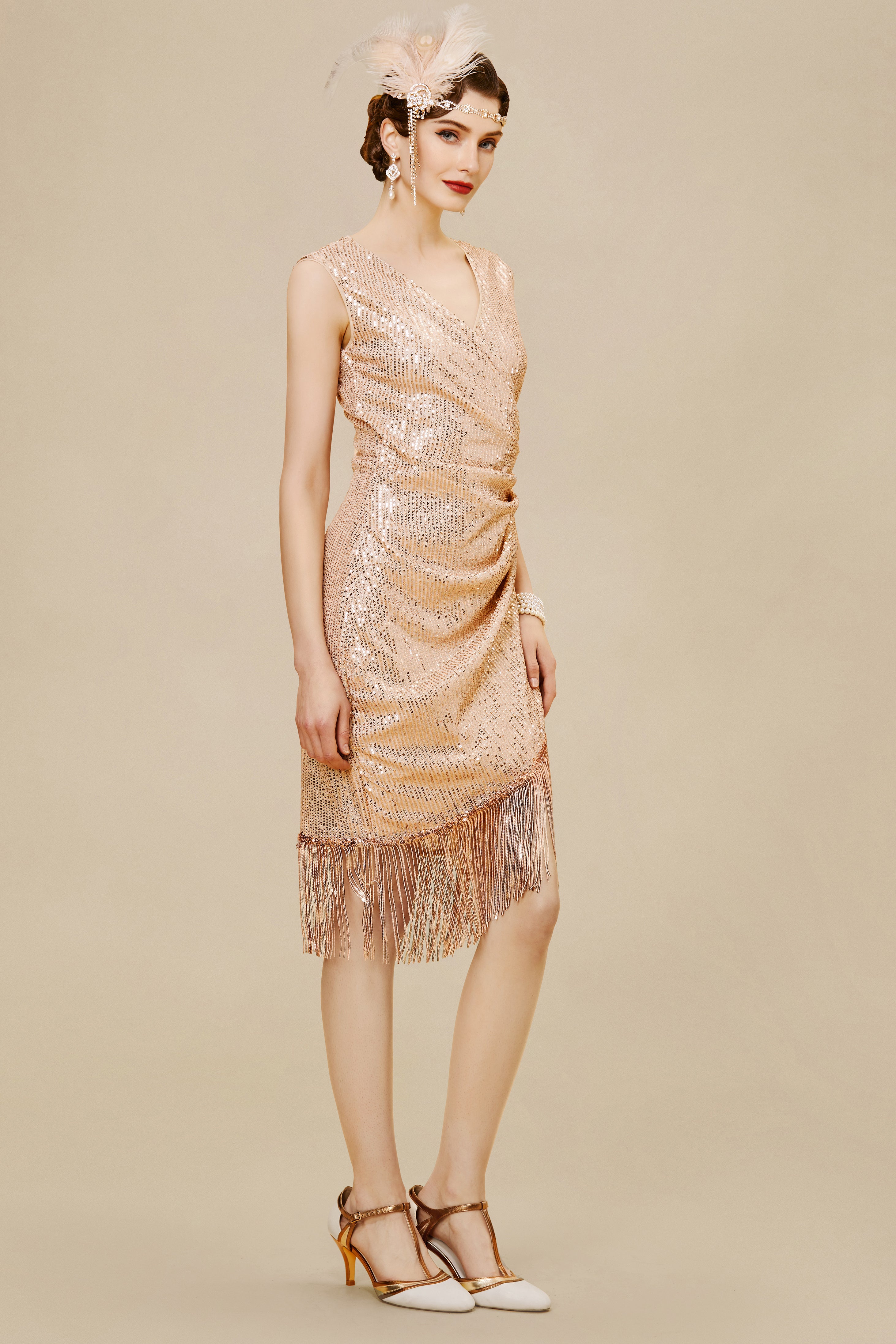 V Neck Tie Sequin Fringe Dress | Rosegold | 3