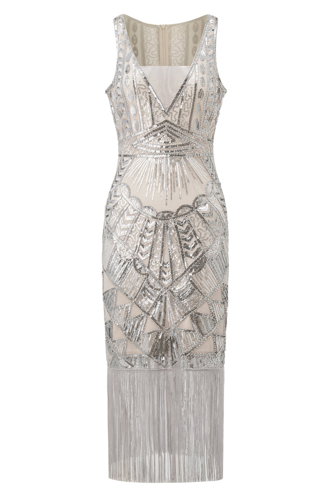 Glitter Sequin V-Neck Art Deco Slip Dress - BABEYOND