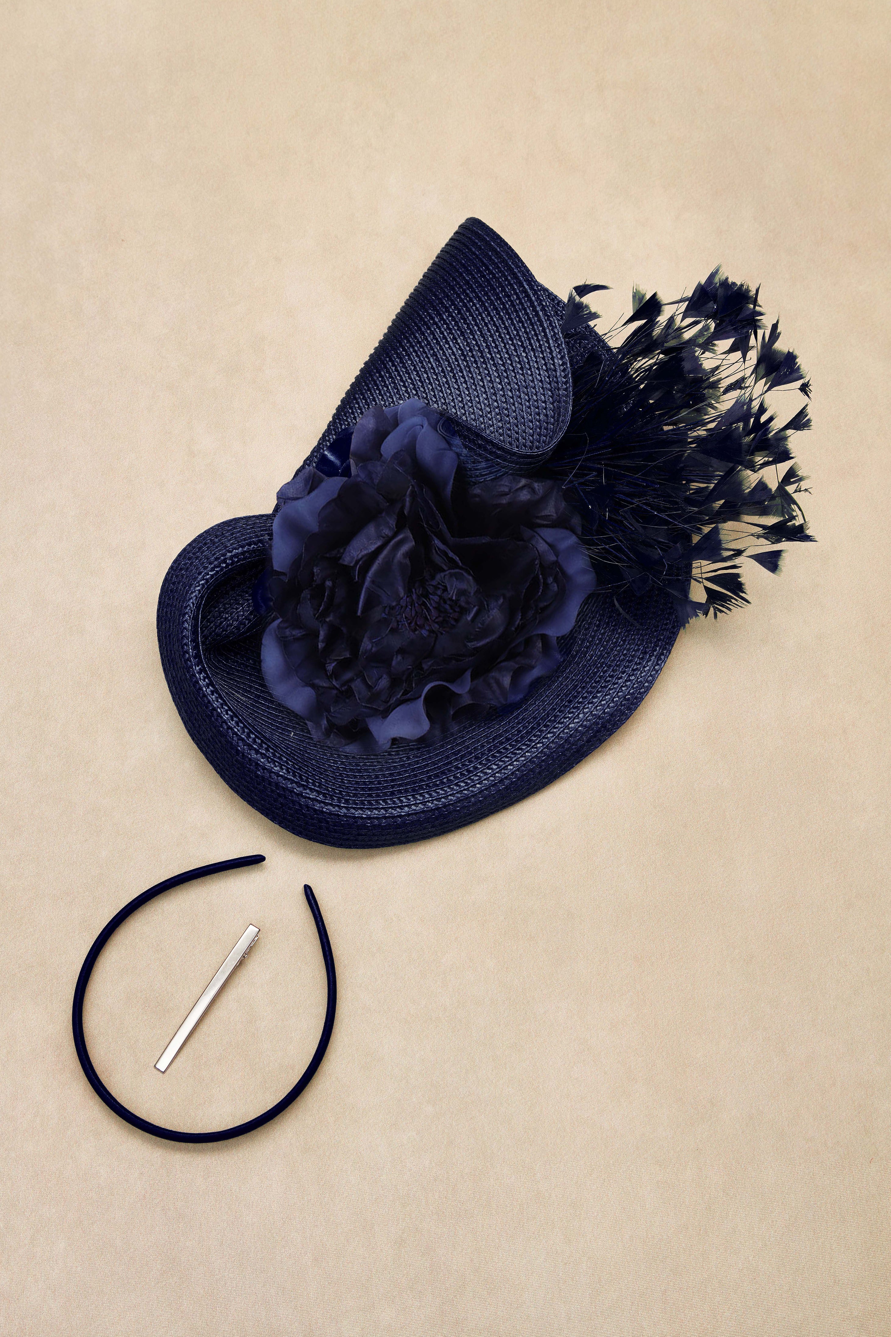 Wide Brim Flat Floral Irregular Fascinator | navyblue | 2