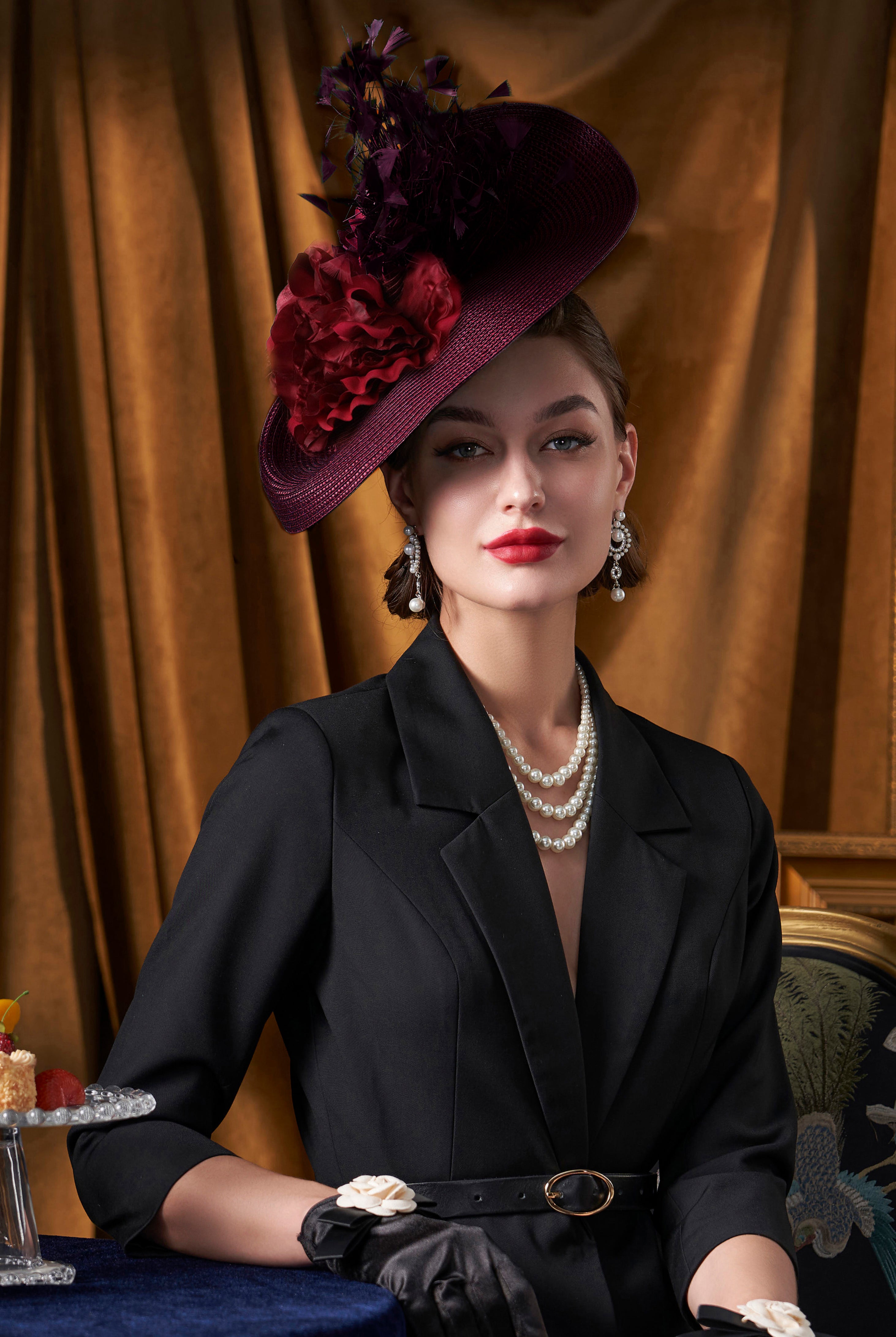 black dress hat for women Classy Ladies mesh veil dress hat in Black with feathers and flowers
