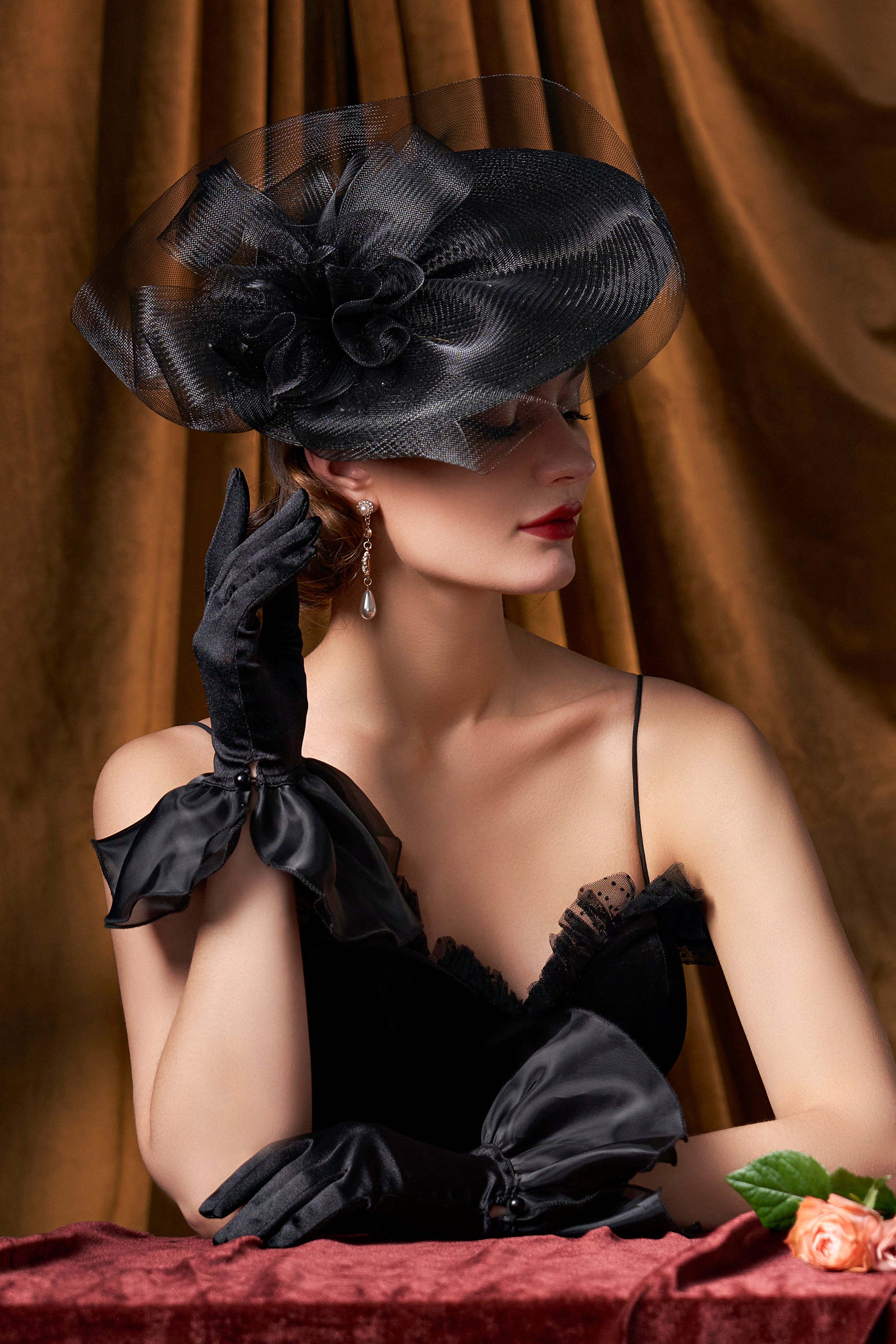 Wide Brim Mesh Floral Cocktail Fascinator | black | 2