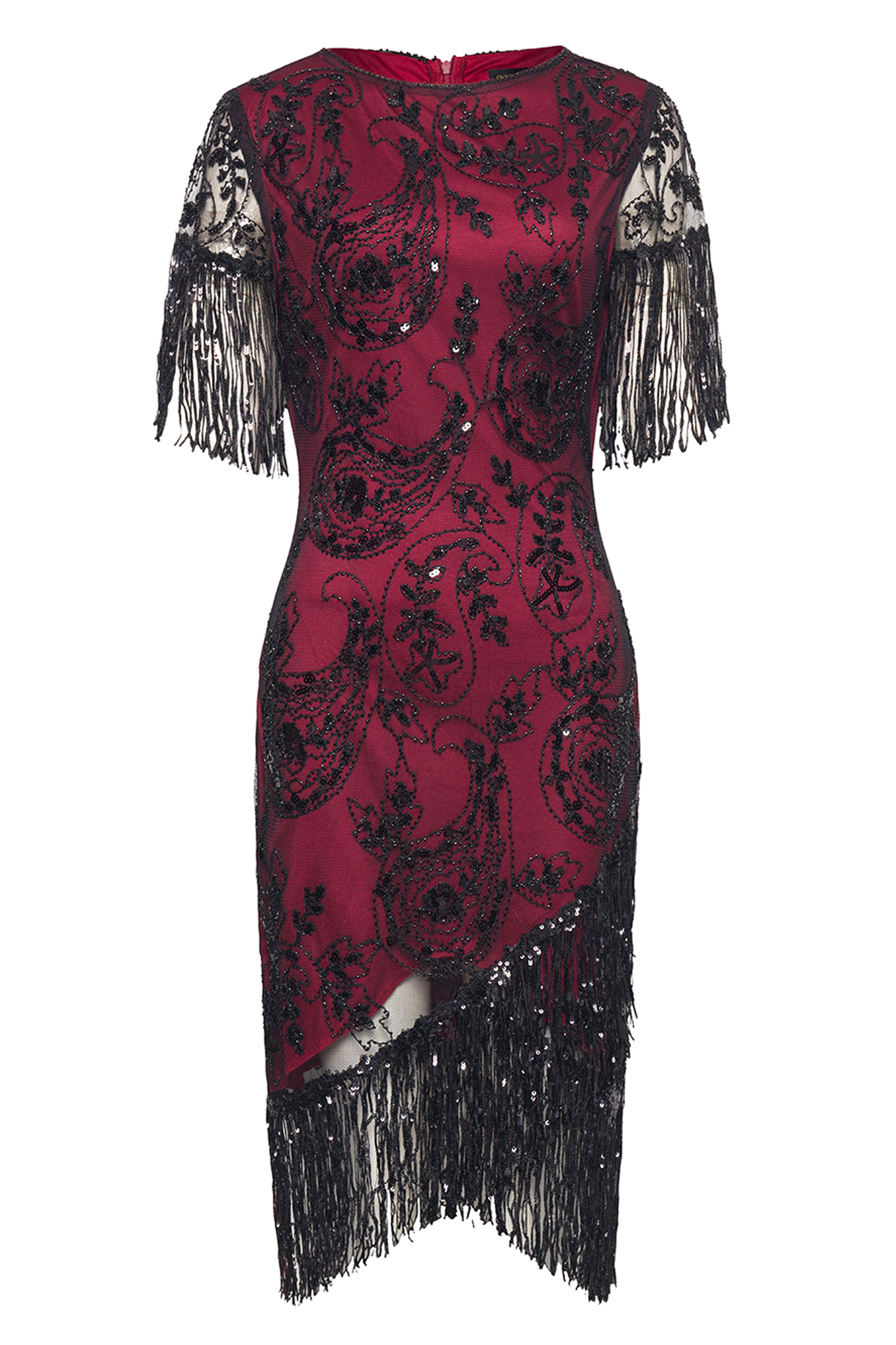 Embellished Sequin Fringe Art Deco Dress | Burgundy | 6