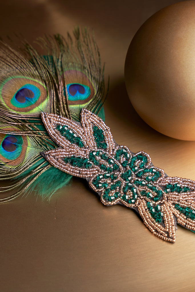 Beaded Peacock Shimmer Headpiece - BABEYOND