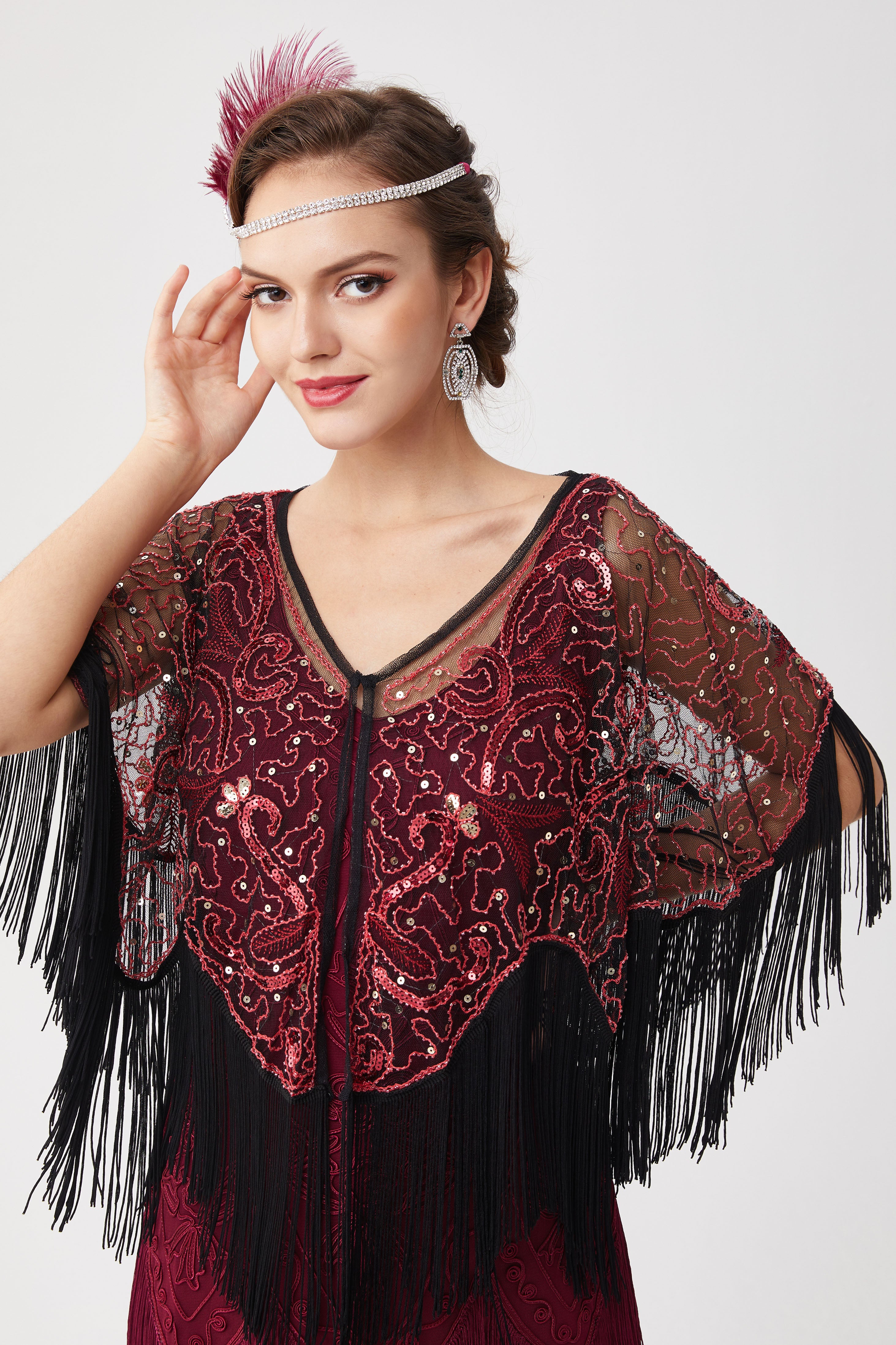 1920s Beaded Sequin Flapper Shawl | Black/Red | 8