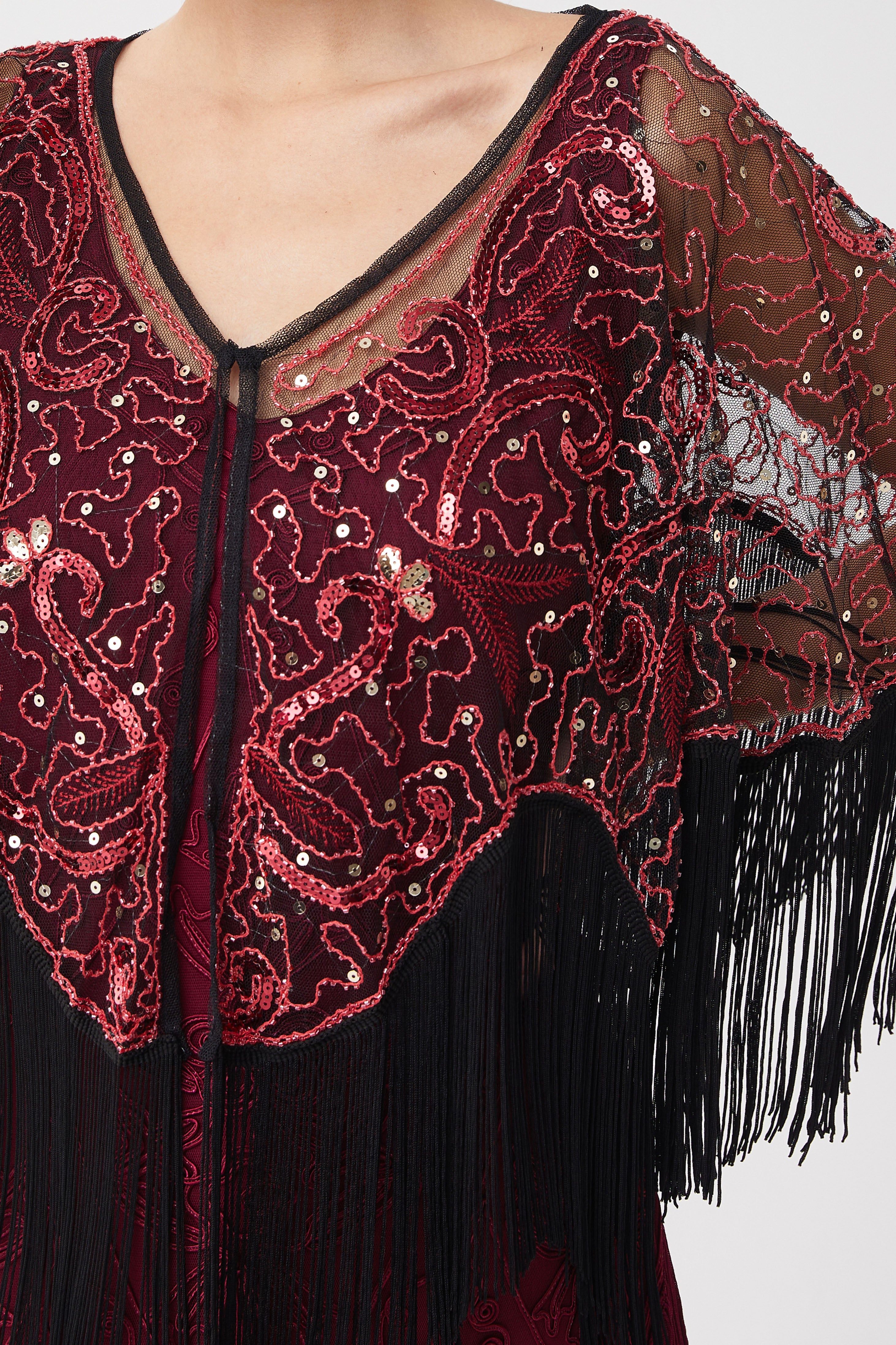 1920s Beaded Sequin Flapper Shawl | Black/Red | 9